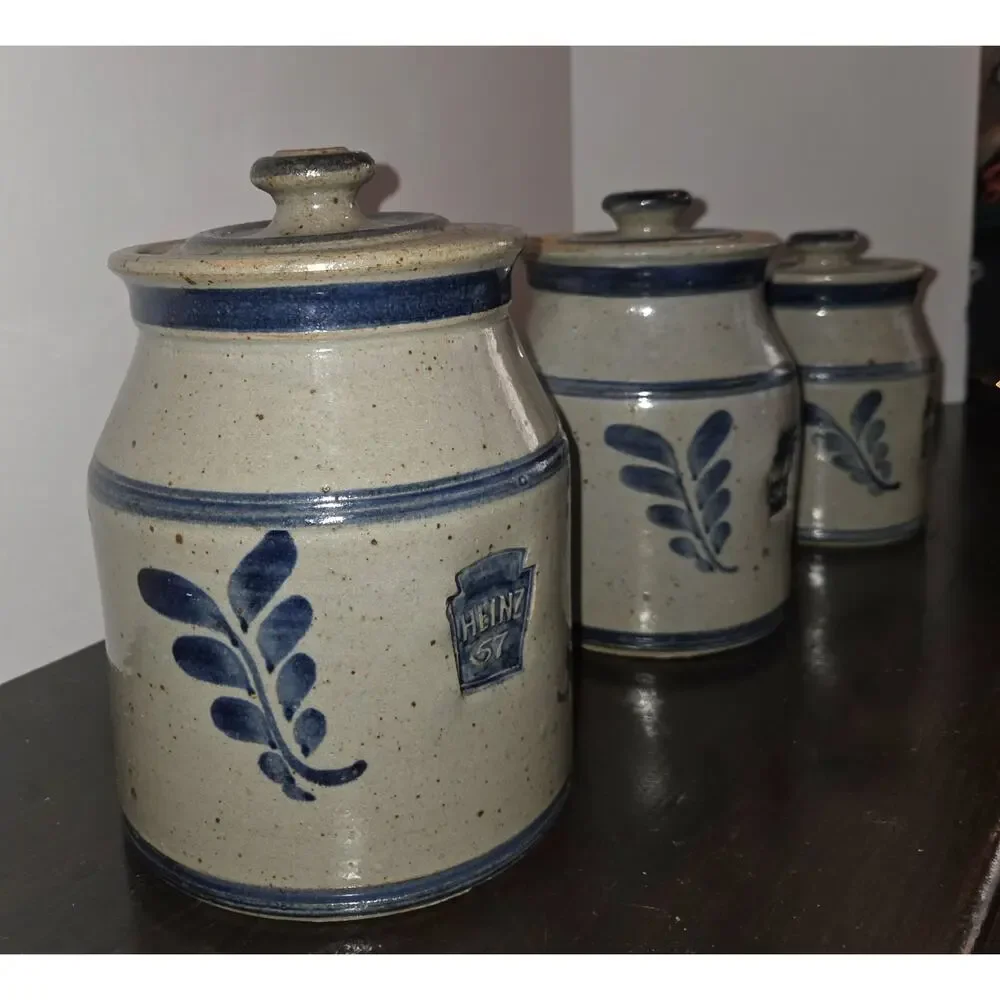 Vtg Westerwald Pottery Heinz 57 Stoneware Canister Set 3 Crocks Lids Signed 1994